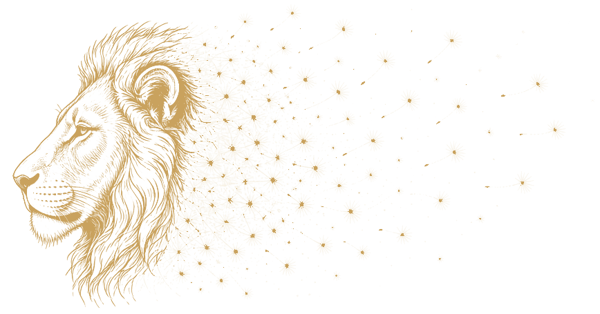Logo de Danthelion: un león de perfil en trazo dorado, con semillas de diente de león blancas de punta dorada que se van con el viento.